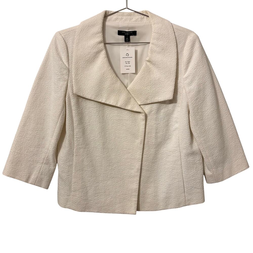 Ann Taylor White Textured Wide Lapel Snap 3/4 Sleeve Blazer 10P
